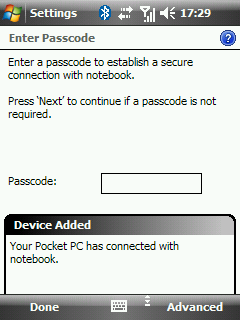 Windows Mobile bluetooth manager - pair done
